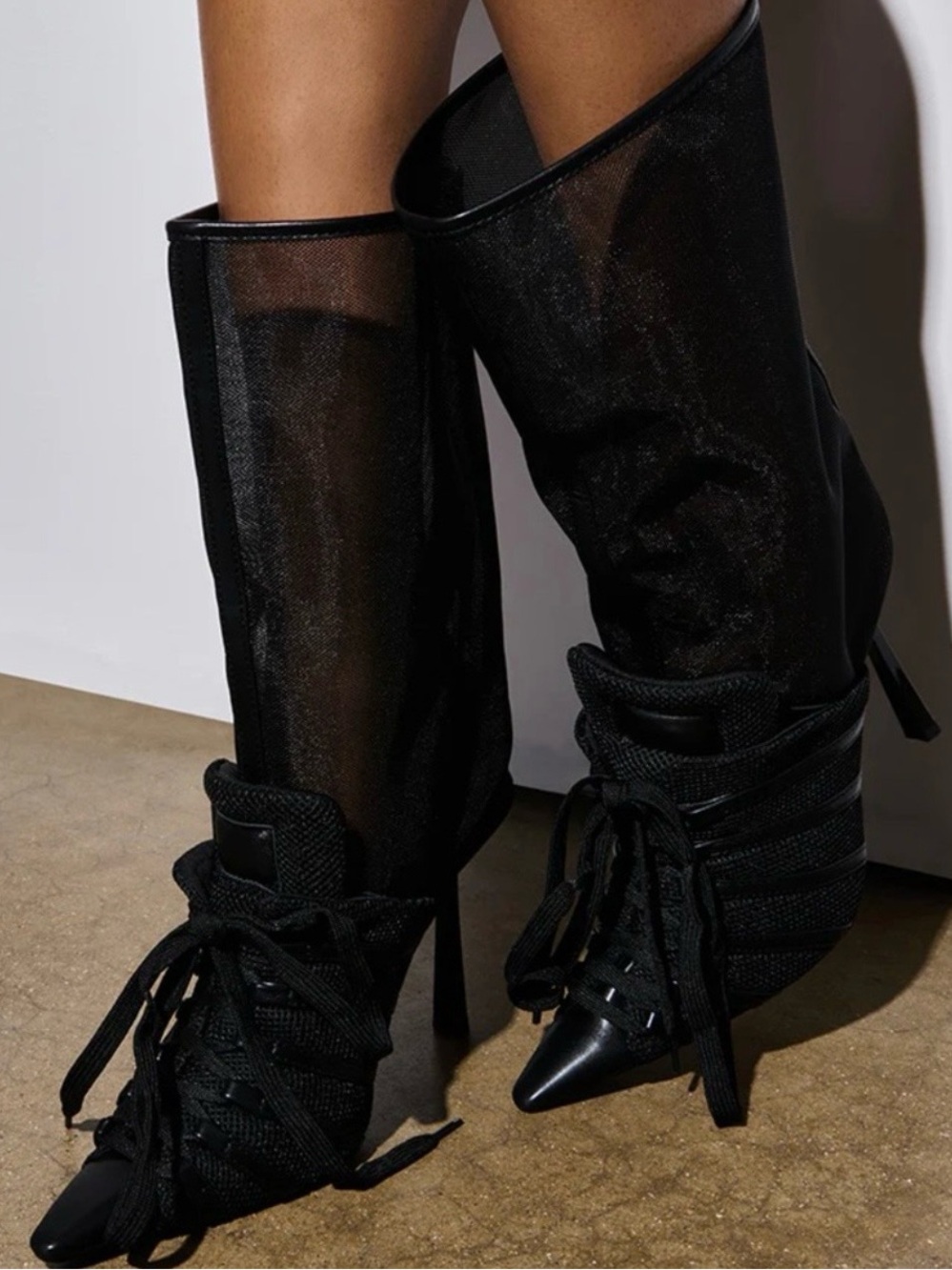 AZALEA WANG Black Sheer Mesh Stiletto Boots